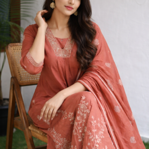 Rust Embroidered A-Line Kurta Set with Dupatta – Elegant Ethnic Wear for Women